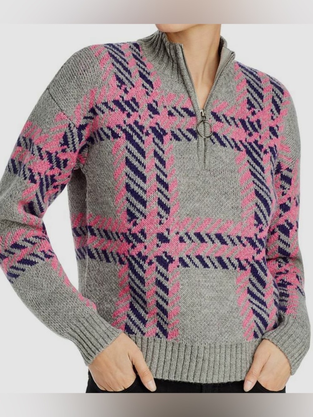 AQUA Plaid Quarter-Zip Sweater in Gray/Pink/Blue Medium